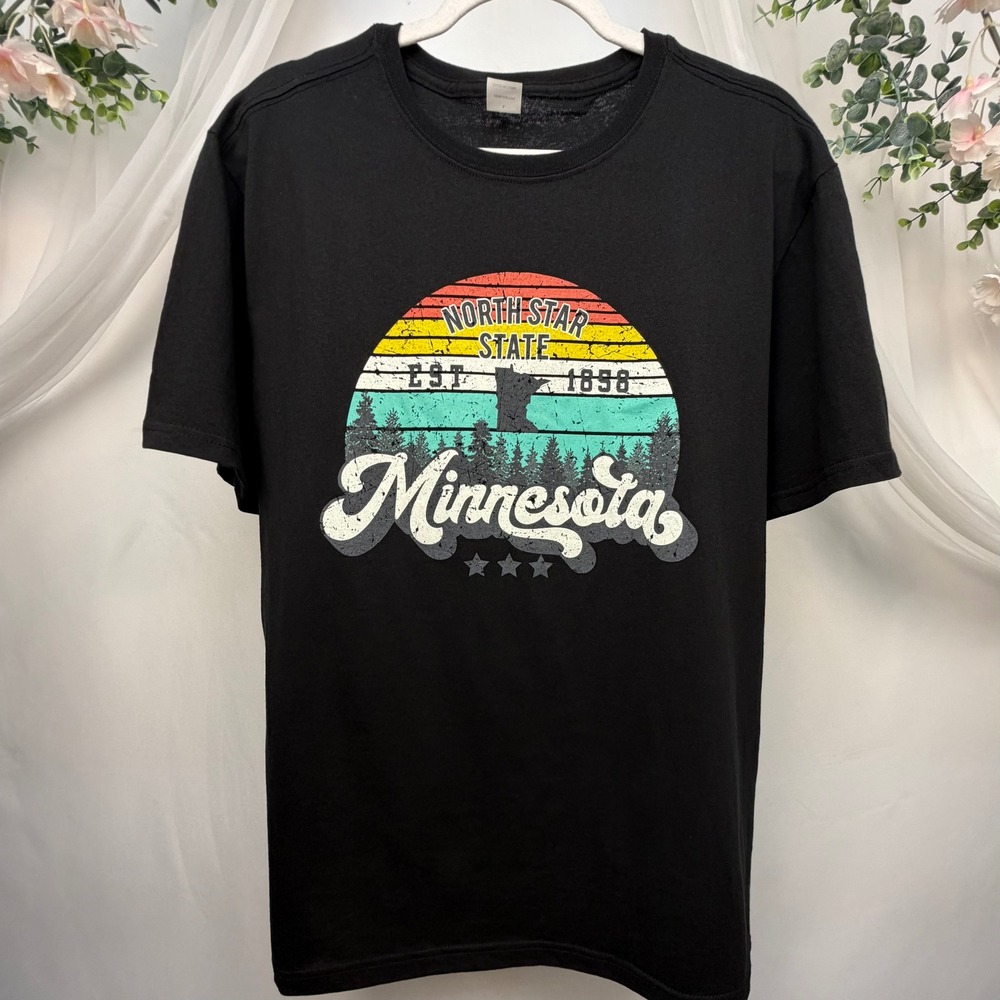M&T Minnesota North Star State Graphic T-Shirt Black Cotton Mens Large Retro